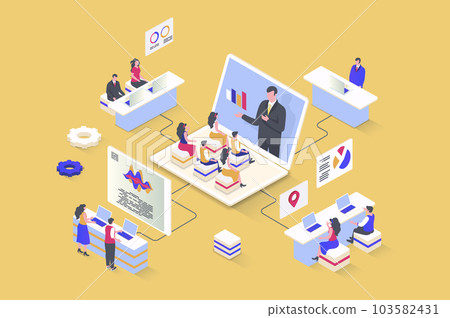 Coaching concept in 3d isometric design. Business coach making lecture for company employees, improves sales performance and profit. Vector illustration with isometry people scene for web graphic Coaching concept in 3d isometric design. Business coach making lecture for company employees, improves sales performance and profit. Vector illustration with isometry people scene for web graphic 103582431