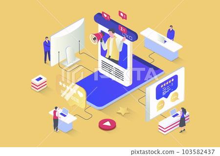 Blogging concept in 3d isometric design. Blogger creating new content in social media, posting and sharing to followers, makes promotion. Vector illustration with isometry people scene for web graphic 103582437