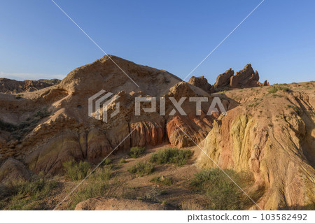Canyon in Kyrgyzstan. Multi-colored canyon Fairy Tale. Kyrgyzstan mountains. Issyk-Kul region. Charyn Canyon. 103582492