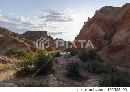 Canyon in Kyrgyzstan. Multi-colored canyon Fairy Tale. Kyrgyzstan mountains. Issyk-Kul region. Charyn Canyon. 103582493