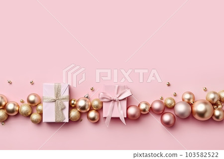 Christmas greeting card with pink and golden glass balls on pink. Generative AI. 103582522