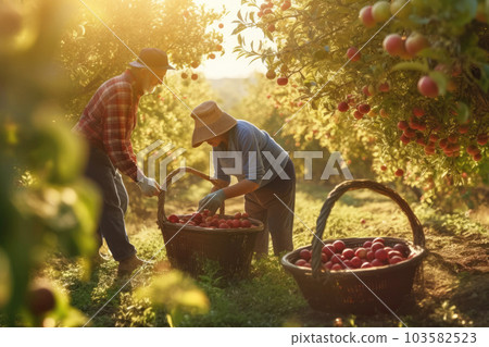 Local farmer couple harvesting autumn apple garden 103582523