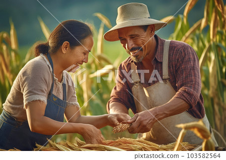 Latin american farmers harvesting at corn field 103582564
