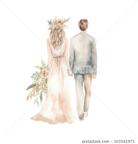 Drawing of the bride and groom. Watercolor. A beautiful couple. For cards, invitations, wedding event decoration. 103582971