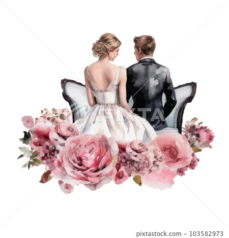 Drawing of the bride and groom. Watercolor. A beautiful couple. For cards, invitations, wedding event decoration. 103582973