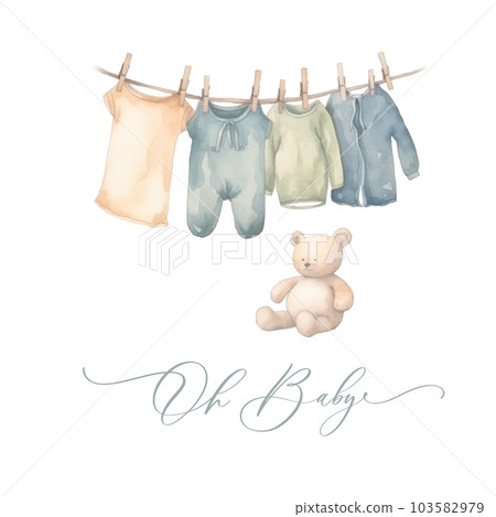 Oh baby. Cute baby shower watercolor invitation card card with newborn dress for baby and kids new born celebration. Oh baby. Cute baby shower watercolor invitation card card with newborn dress for baby and kids new born celebration. 103582979