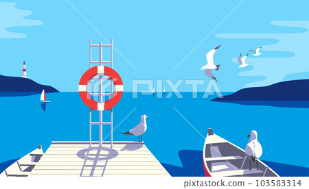 Seascape with seagulls, sailboat pier on sea coast Seascape with seagulls, sailboat pier on sea coast 103583314