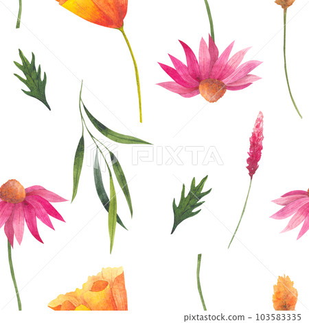 Floral seamless pattern with abstract wildflowers, plants and delicate branches, watercolor print isolated on white background for textile or wallpapers, illustration in provence style 103583335
