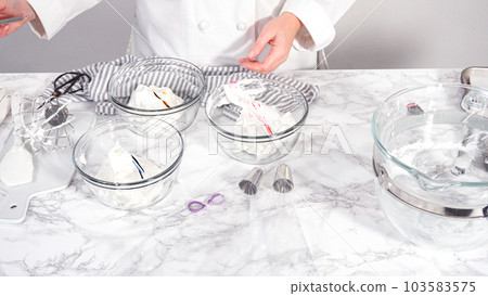Step by step. Mixing food coloring into the meringue to bake unicorn meringue cookies. Step by step. Mixing food coloring into the meringue to bake unicorn meringue cookies. 103583575