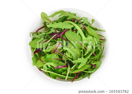 Mix salad - arugula, spinach and chard in the bowl isolated on white background. Top view. Flat lay 103583762