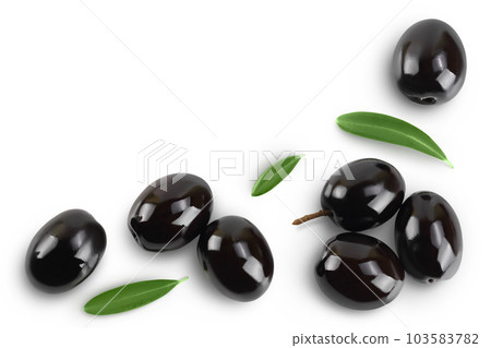 Black olives with leaves isolated on a white background with full depth of field. Top view with copy space for your text. Flat lay Black olives with leaves isolated on a white background with full depth of field. Top view with copy space for your text. Flat lay 103583782