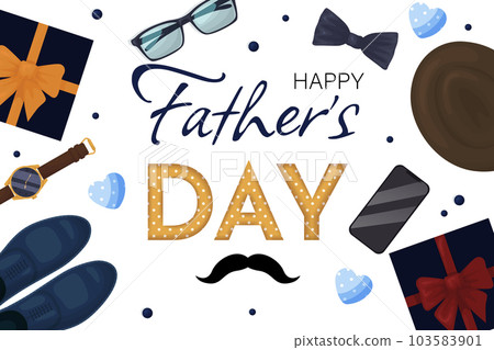 Happy Fathers Day with hat,necktie and gift box. Greeting card. Vector illustration EPS10. Happy Fathers Day with hat,necktie and gift box. Greeting card. Vector illustration EPS10. 103583901