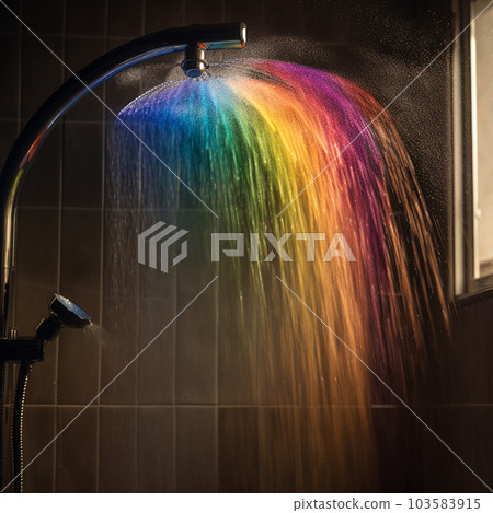 Morning shower, sunlight and rainbow on water drops, beautiful summer illustration, Morning shower, sunlight and rainbow on water drops, beautiful summer illustration, 103583915