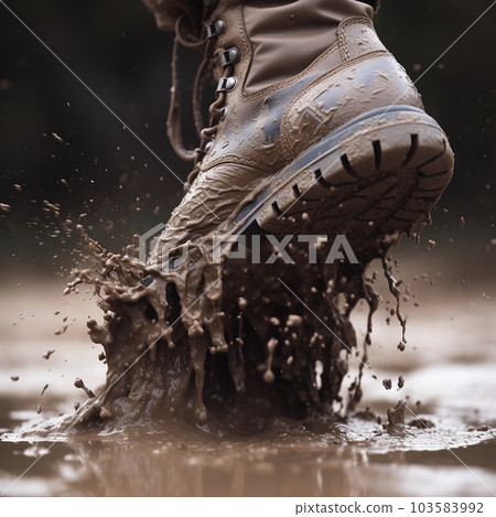 Tourist military boot in a puddle of liquid mud close up, splashes in all directions, hard difficult hike, 103583992