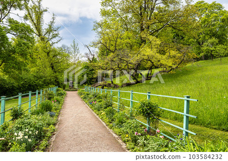 The garden house with garden of Johann Wolfgang von Goethe in Weimar, Thuringia, Germany. Unesco World Heritage Site, The garden house with garden of Johann Wolfgang von Goethe in Weimar, Thuringia, Germany. Unesco World Heritage Site, 103584232
