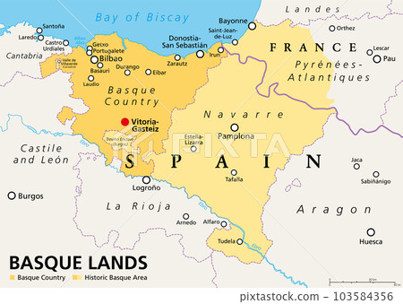 Basque Lands, political map. Basque Country, an autonomous community in Spain, with capital Vitoria-Gasteiz, in orange color. The historic Basque area in Spain and France, in orange and yellow color. Basque Lands, political map. Basque Country, an autonomous community in Spain, with capital Vitoria-Gasteiz, in orange color. The historic Basque area in Spain and France, in orange and yellow color. 103584356