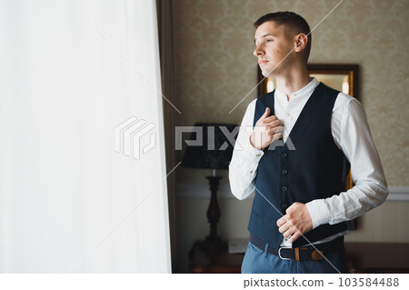 Beautiful man, groom posing and preparing for wedding 103584488