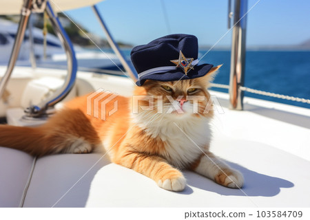 Ginger kitten in capitan hat sitting on a yacht. Generative AI 103584709