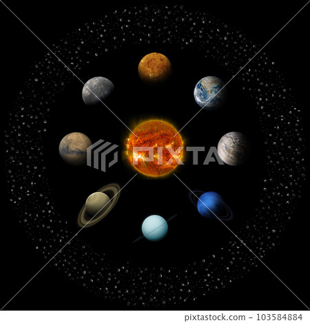 Solar system planets and Sun isolated on black. 103584884