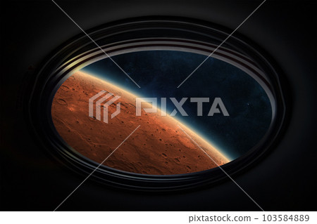 Mars planet in spaceship porthole. Mars planet in spaceship porthole. 103584889