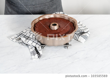 Cooling freshly baked red velvet bundt cake on a kitchen counter. 103585569
