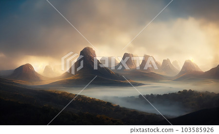 Mystic shadow peaks. Mountains veiled in dark clouds and draped in mist. AI-generated 103585926