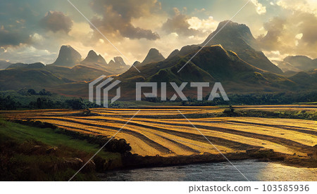 Whispering valley. Where green mountains, meadows, river, and mist create a harmonious tapestry. AI-generated 103585936