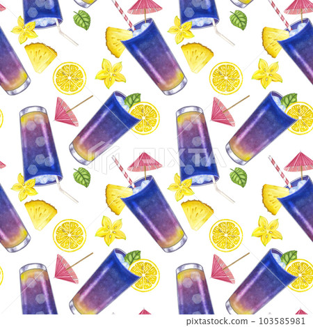Seamless pattern blue purple beach cocktail with carambola, pineapple, lemon. Summer tropical drink. Party time. Hand-drawn watercolor illustration on white background. For cafe restaurant bar menu Seamless pattern blue purple beach cocktail with carambola, pineapple, lemon. Summer tropical drink. Party time. Hand-drawn watercolor illustration on white background. For cafe restaurant bar menu 103585981