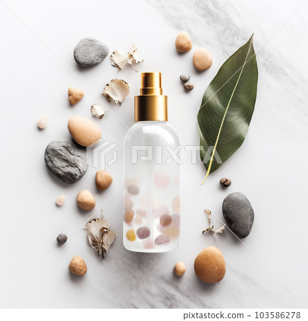 Beautiful natural styled hair and body spray flat lay mock-up, spray bottle on green and yellow background, cosmetic bottle front view 103586278
