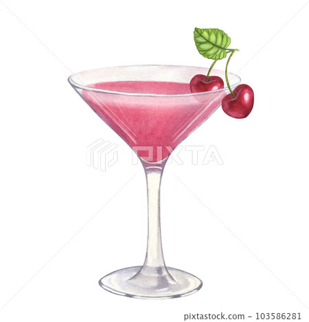 Pink beach cocktail with cherry. Summer tropical drink. Party time. Hand-drawn watercolor illustration on white background. For cafe restaurant bar menu Pink beach cocktail with cherry. Summer tropical drink. Party time. Hand-drawn watercolor illustration on white background. For cafe restaurant bar menu 103586281