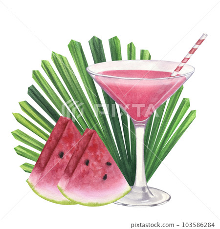 Pink beach cocktail with watermelon, Licuala palm leaf. Summer tropical drink. Party time. Hand-drawn watercolor illustration on white background. For cafe restaurant bar menu 103586284