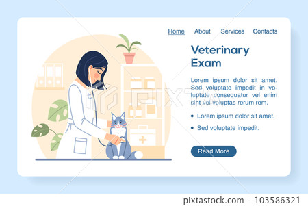 Young female veterinarian in lab uniform examining cute cat on pet hospital background. Veterinary medicine landing page. Flat line website design template Vet clinic internet page vector illustration 103586321