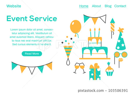 Event service flat line web page template with button text space. Birthday party carnival festival celebration internet banner with fun color elements cake balloon cupcake. Website illustration 103586391