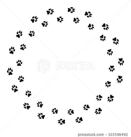 Round frame with black dog track isolated on white background. Animal footprint silhouette. Border with pet track. Round frame with black dog track isolated on white background. Animal footprint silhouette. Border with pet track. 103586492