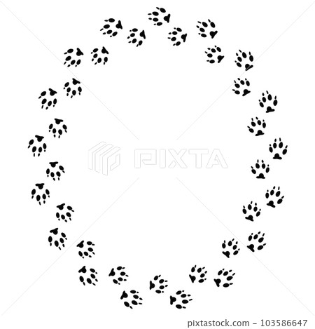 Round frame with black dog track isolated on white background. Animal footprint silhouette. Border with pet track. Round frame with black dog track isolated on white background. Animal footprint silhouette. Border with pet track. 103586647