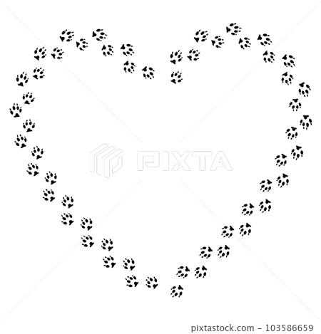 Heart frame with black dog track isolated on white background. Animal footprint silhouette. Border with pet paw print. 103586659