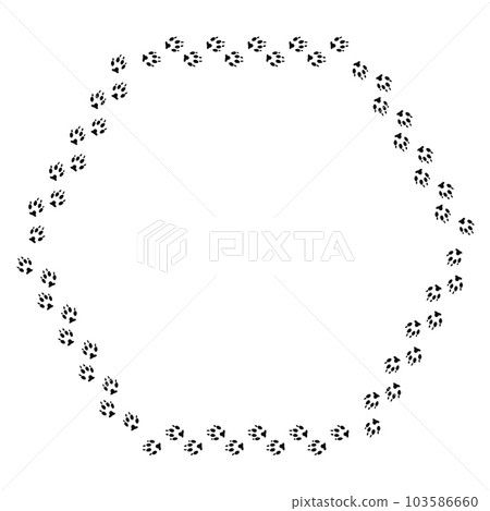 Hexagon frame with black dog track isolated on white background. Animal footprint silhouette. Border with pet paw print. Hexagon frame with black dog track isolated on white background. Animal footprint silhouette. Border with pet paw print. 103586660