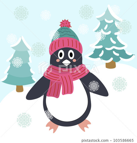 Winter greeting card with cute penguin, snowflakes, spruce trees isolated blue background. 103586665