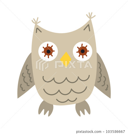 Cute cartoon beige owl in flat style isolated on white background.  103586667