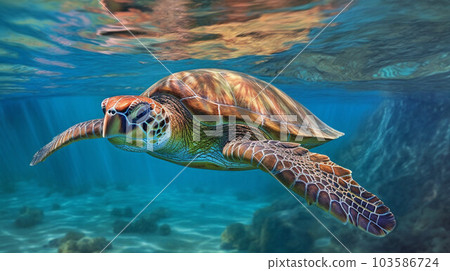 A majestic sea turtle gliding through the clear blue sea 103586724