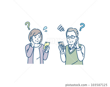 Elderly people who are in trouble because they do not understand the operation of smartphones, elderly couples Elderly people who are in trouble because they do not understand the operation of smartphones, elderly couples 103587125
