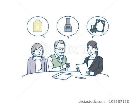 Illustration of an elderly couple consulting about a funeral Illustration of an elderly couple consulting about a funeral 103587128