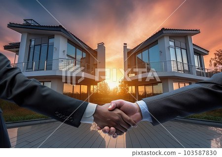 Two real estate agents, shaking hands, virtual tour, business partners sealing deal with handshake against modern luxury home backdrop. Generative AI 103587830