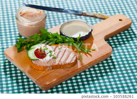 Pate on toasted bread with fresh cheese on wooden board Pate on toasted bread with fresh cheese on wooden board 103588261