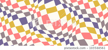Colorful distorted checkerboard background. Purple grey yellow pink psychedelic checkered wallpaper. Wavy groovy chessboard surface. Trippy twisted geometric pattern. Abstract retro vector backdrop Colorful distorted checkerboard background. Purple grey yellow pink psychedelic checkered wallpaper. Wavy groovy chessboard surface. Trippy twisted geometric pattern. Abstract retro vector backdrop 103588561