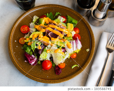 Tuna salad with vegetables and Anticucho sauce 103588745