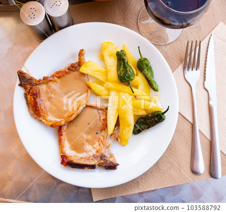 Grilled pork with allioli, french fries and padron peppers 103588792