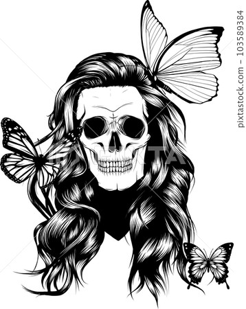 Skull with butterfly monochrome vector illustration isolated on white background. 103589384