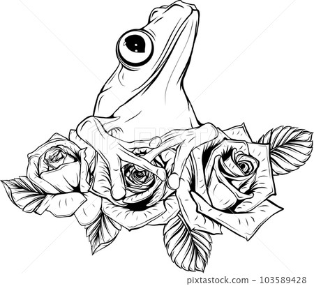 frog with leaves and roses black and white sketch vector illustration 103589428
