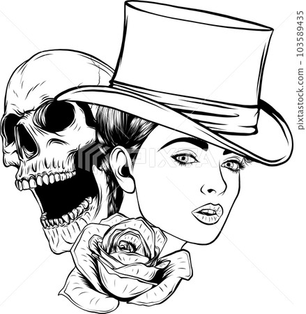 vector illustration of Monochrome woman head with skull and rose 103589435